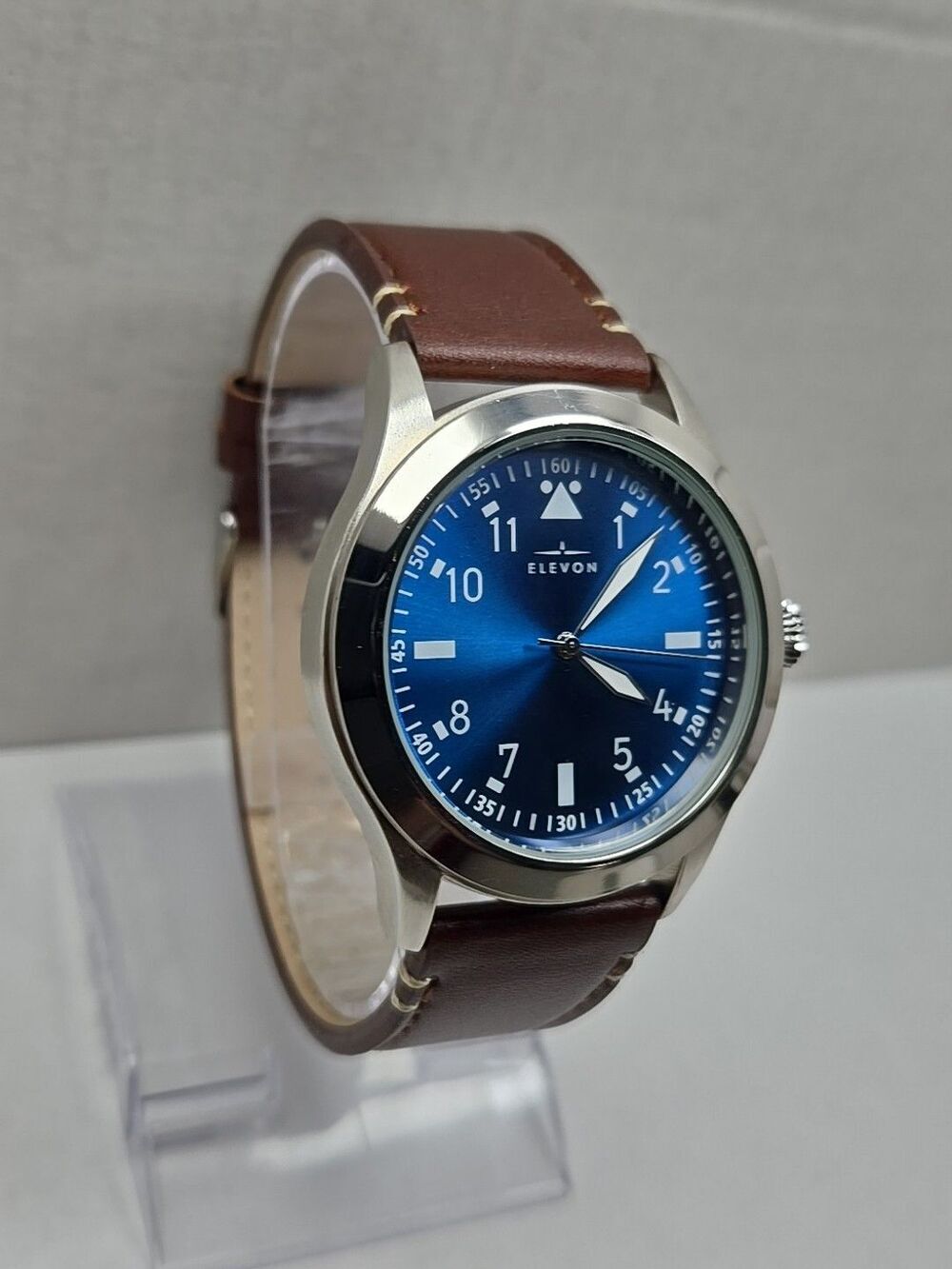 Elevon Hanson Blue Dial Pilot Watch Brown Leather Strap New Battery 42mm - Picture 3 of 12